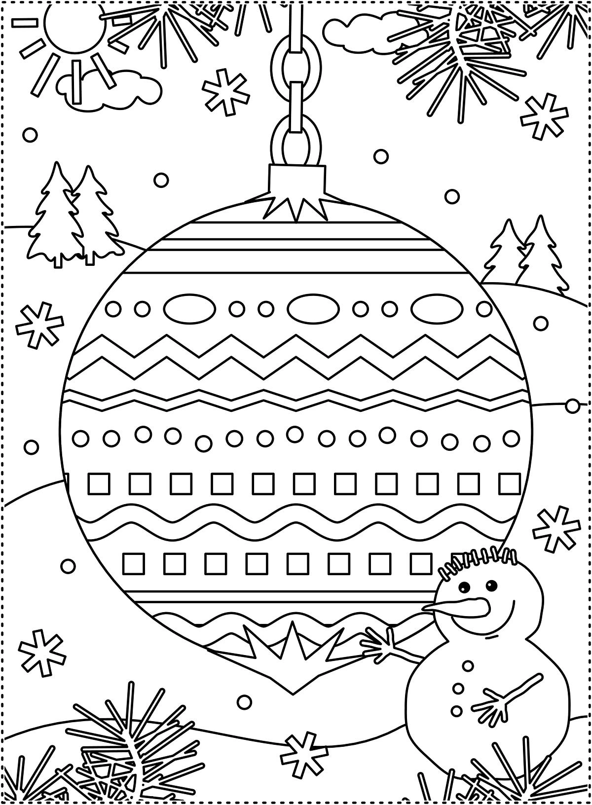 Kolorowanka bałwanek pilnuje dużej bombki choinkowej